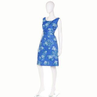 1960s Miss Bergdorf Vintage Blue Floral Sleeveless Dress w Low Open Back Size M