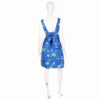 Vintage 1960s Miss Bergdorf Vintage Blue Floral Sleeveless Dress w Low Open Back