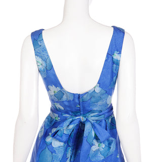 1960s Miss Bergdorf Vintage Blue Floral Sleeveless Dress w Low Open Back and sash