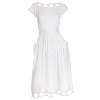 1970s White Cotton Dress with Cutwork and Attached Sash Belt