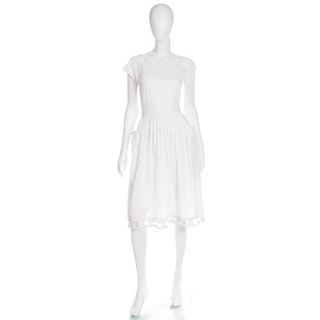 1970s White Cotton Dress with Cutwork and Attached Sash Belt