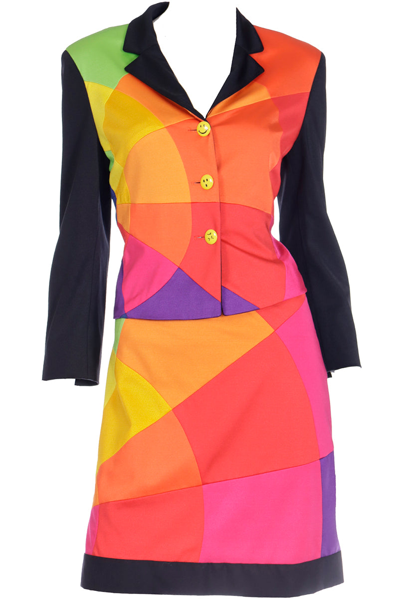 1990s Vintage Moschino Rainbow Color Block Jacket & Skirt Suit The