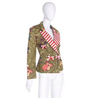 1989 Franco Moschino Colorful Mushroom Print Green Jacket w Red Striped Bows