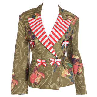 1989 Franco Moschino Colorful Mushroom Print Cotton Jacket w Red Striped Bows Size M/L