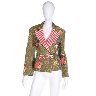 Vintage 1989 Franco Moschino Colorful Mushroom Print Jacket w Red Striped Bows