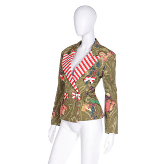 1989 Franco Moschino Colorful Mushroom Print Jacket w Red Striped Bows M/L