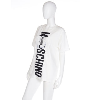 2000s Moschino Couture White T-Shirt With Black Lettering & Hat Box Unisex One Size