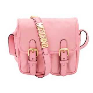 Vintage Moschino Redwall Pink Satchel Style Crossbody Bag w Gold Letters spelling MOSCHINO