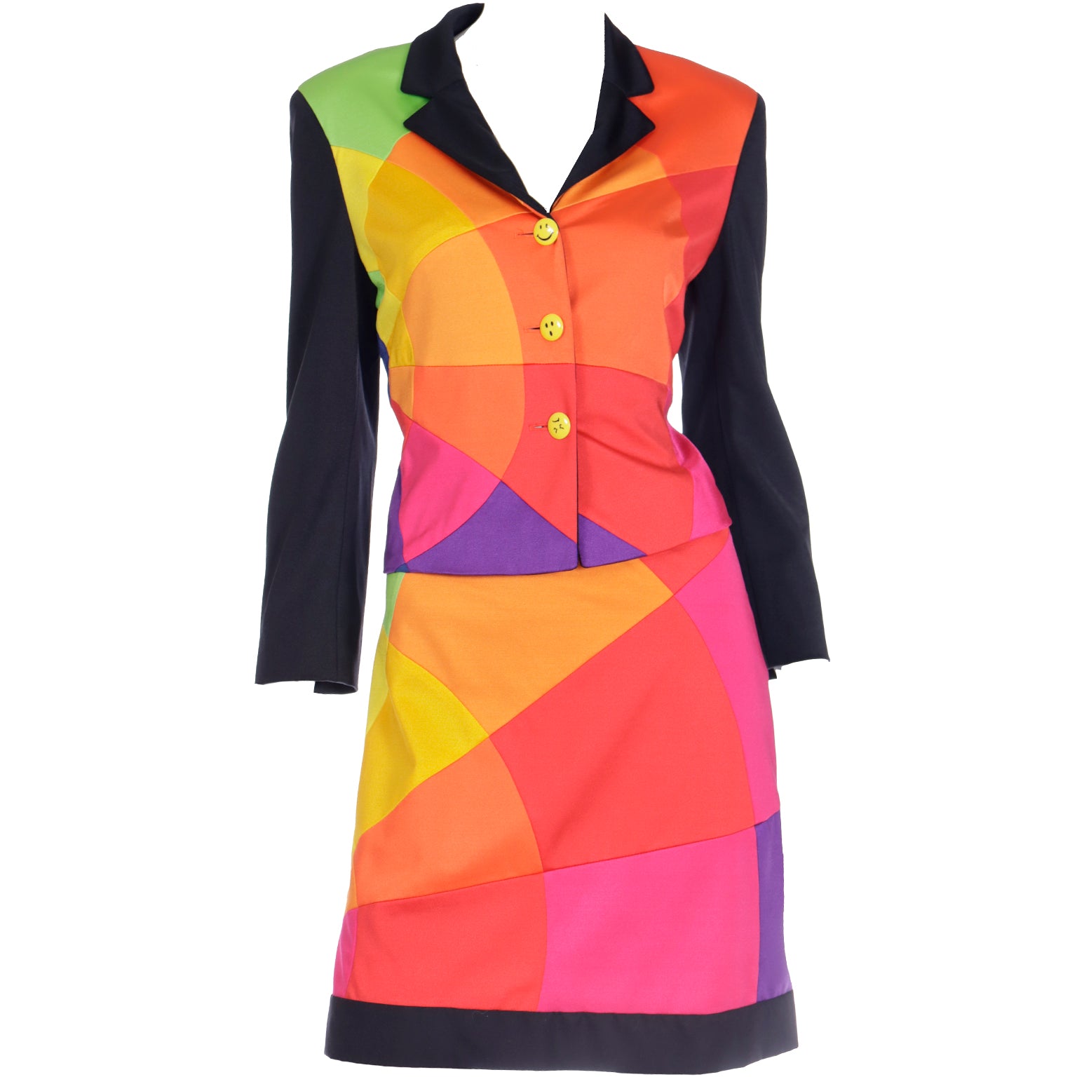 1990s Vintage Moschino Rainbow Color Block Jacket & Skirt Suit The