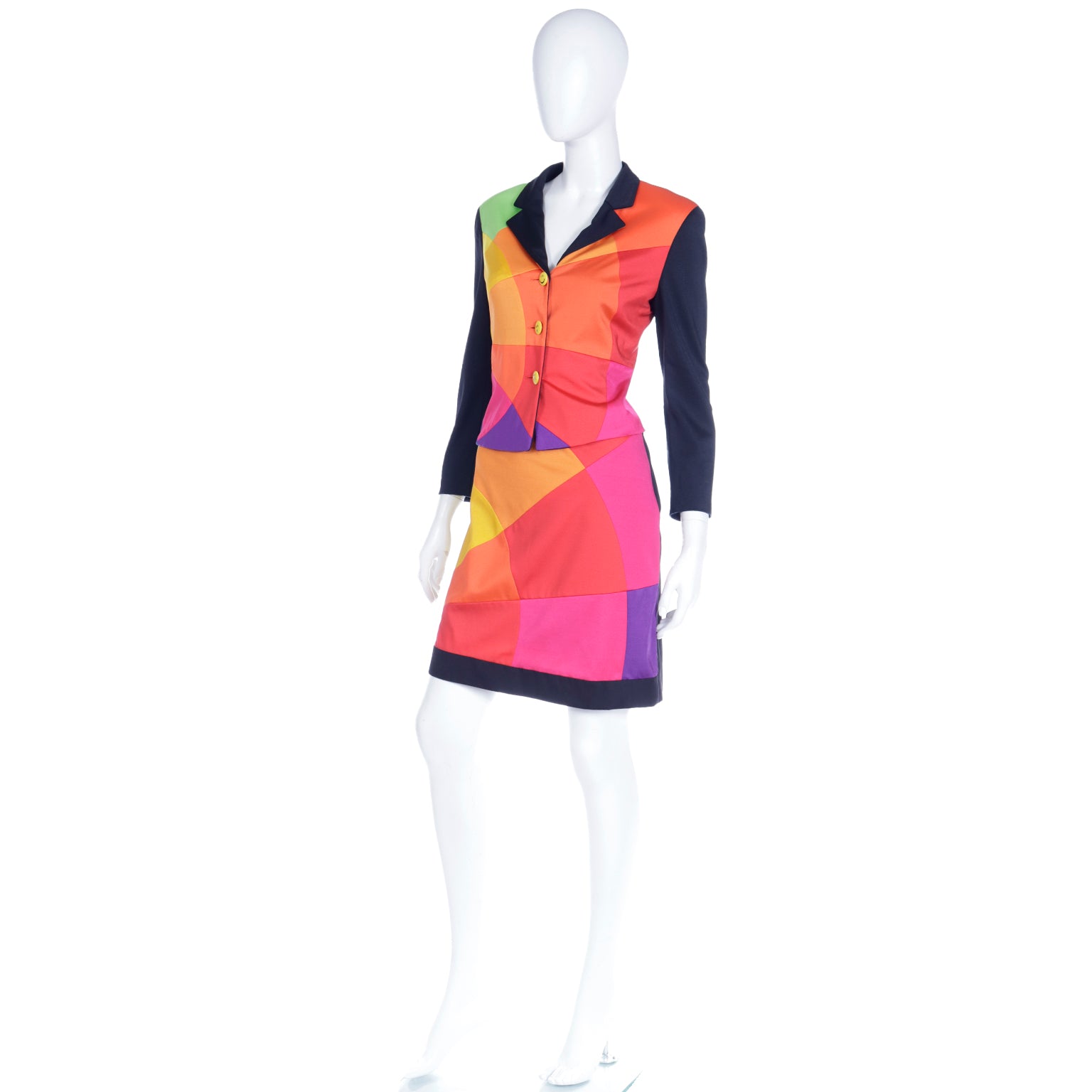 1990s Vintage Moschino Rainbow Color Block Jacket & Skirt Suit The