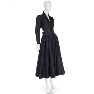 1980s Vintage Norma Kamali Black Taffeta Full Skirt Dress with High Collar