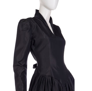 Norma Kamali Black Taffeta Full Skirt Dress with High Swan Neck Collar