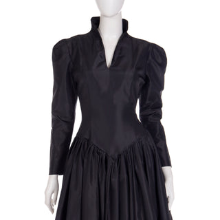 1980s Norma Kamali Black Taffeta Dress With V front Full Skirt