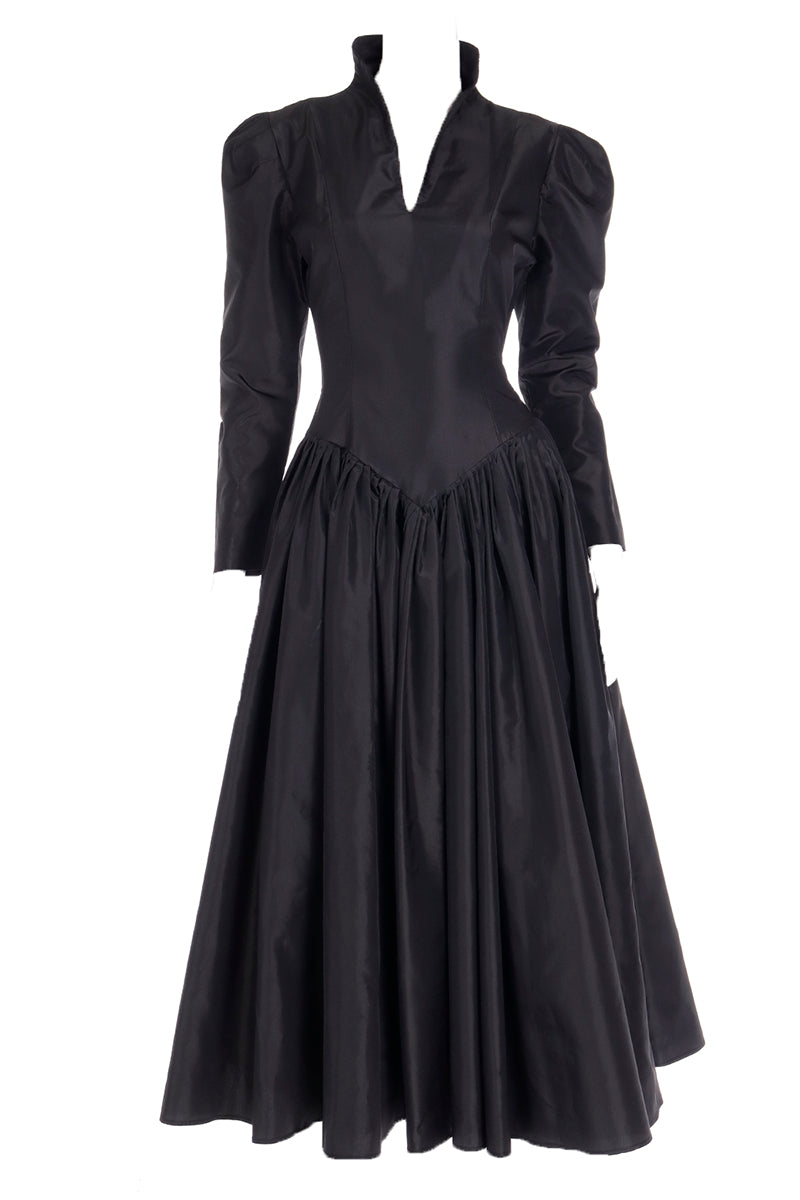 Norma Kamali Vintage Dress in Black Taffeta With Full Skirt Self