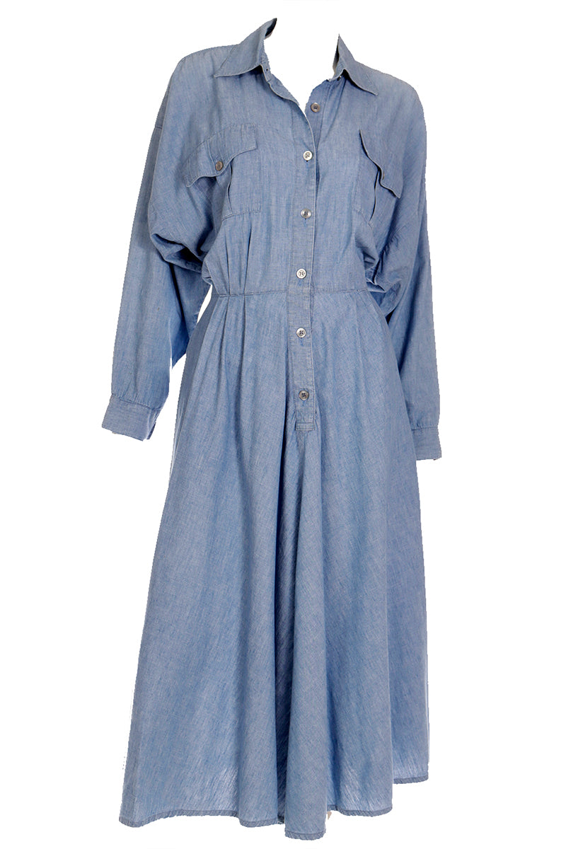 Vintage Norma Kamali Button Front Chambray Denim 1980s Dress Modig Vintage Norma Kamali Button Front Chambray Denim 1980s Dress Modig