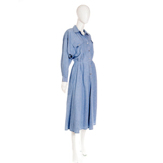 1980s Vintage Norma Kamali OMO Blue Denim Dress with full skirt