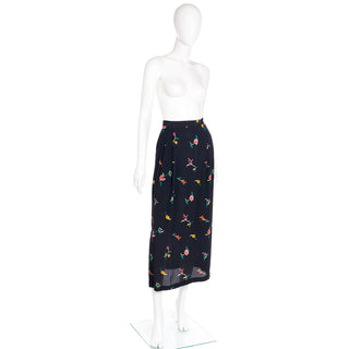1980s Norma Kamali Black Midi Skirt in Colorful Floral Print Size S