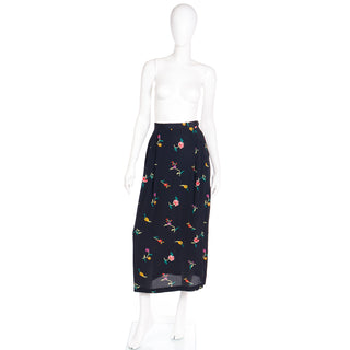 1980s Norma Kamali Black Midi Skirt in Colorful Floral Print S
