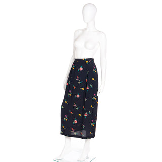 1980s Vintage Norma Kamali Black Midi Skirt in Colorful Floral Print