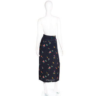 1980s Norma Kamali Black Midi Skirt in Colorful Floral Print Small