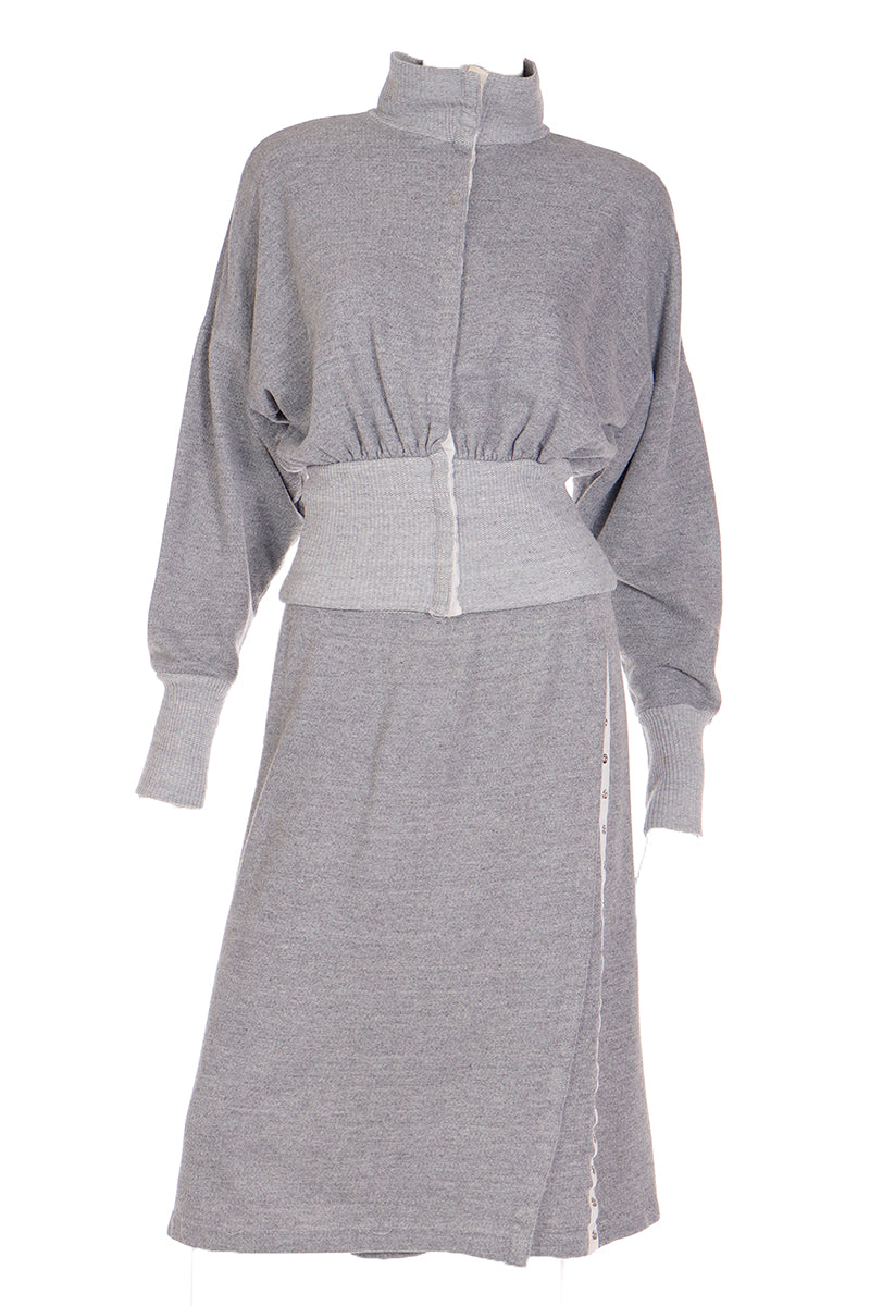 Norma Kamali Gray 2 pc Sweatshirt Dress w/ Snap Up Top & Skirt – Modig