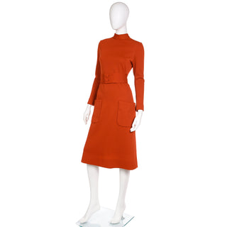 1960s Norman Norell Orange Knit Vintage Wool Knit Dress With Belt