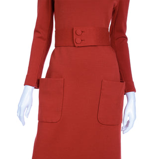 1960s Norman Norell Orange Knit Vintage Dress With Belt and Pockets