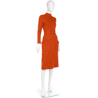 1960s Norman Norell Attributed Orange Knit Vintage Dress With Belt