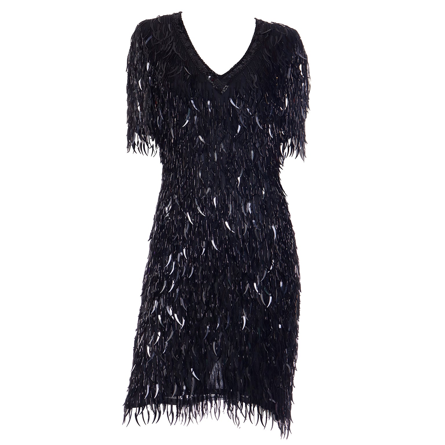 1980s Oleg Cassini Black Tie Beaded Black Dress With Dangling Trim