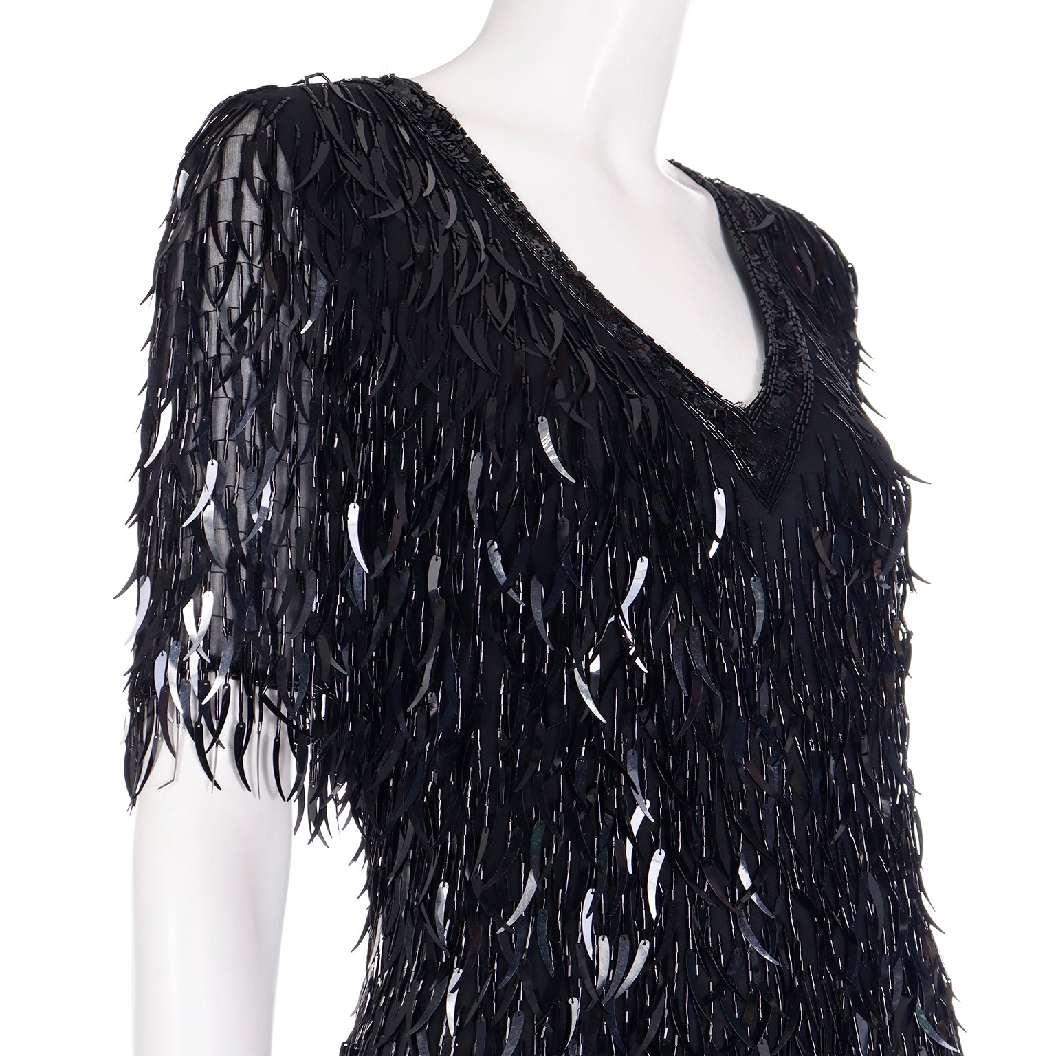 1980s Oleg Cassini Black Tie Beaded Black Dress With Dangling Trim Modig 1980s Oleg Cassini Black Tie Beaded Black Dress With Dangling Trim Modig