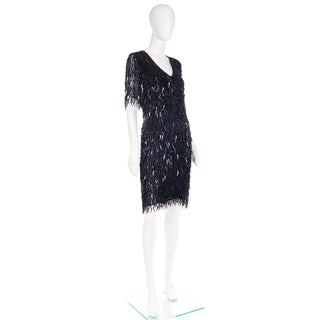 1980s Flapper Style Oleg Cassini Beaded Silk  Dress with Long Sequins
