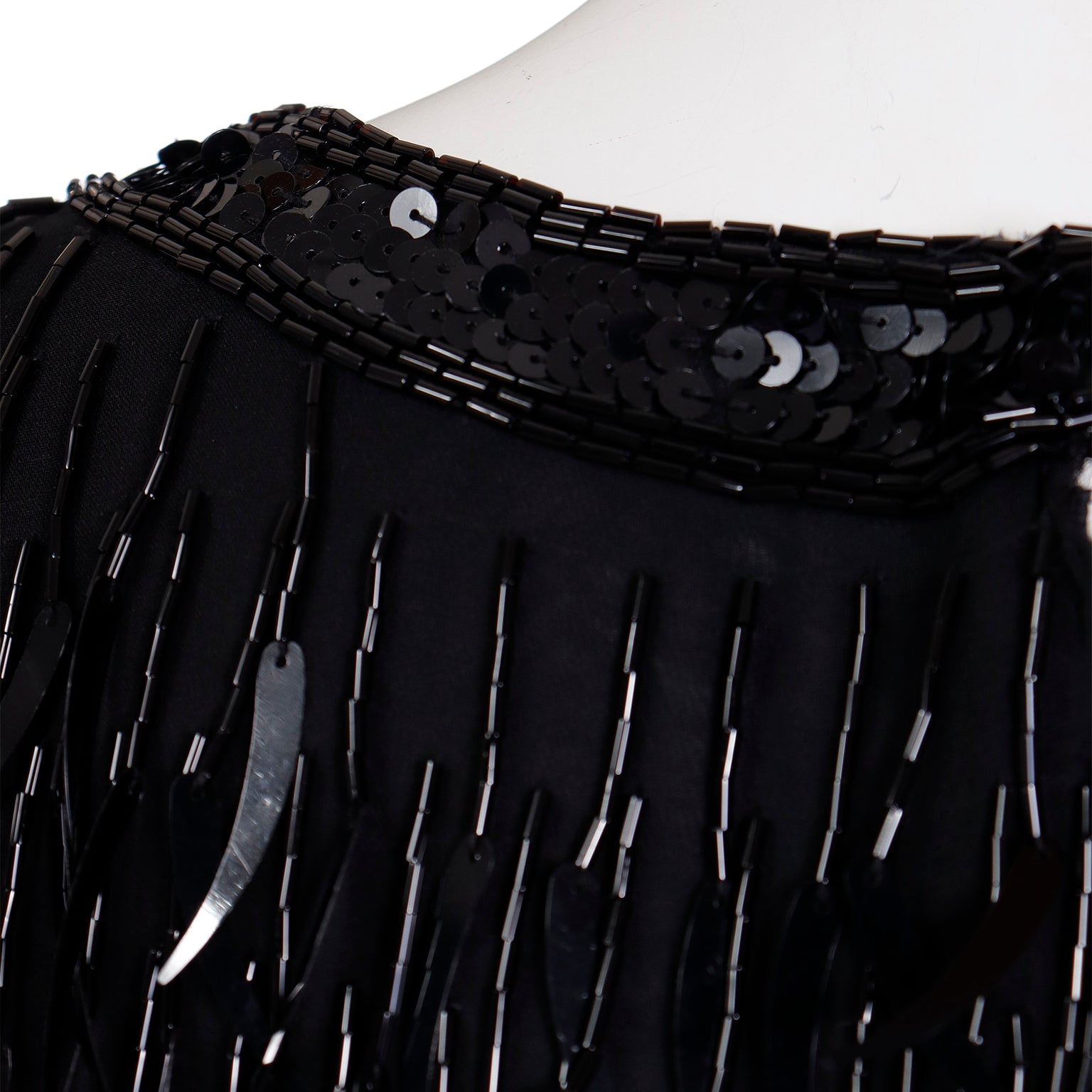 1980s Oleg Cassini Black Tie Beaded Black Dress With Dangling Trim 1980s Oleg Cassini Black Tie Beaded Black Dress With Dangling Trim