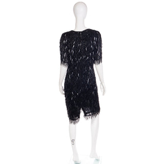1980s Flapper Style Oleg Cassini Black dress with long sequins and beaded