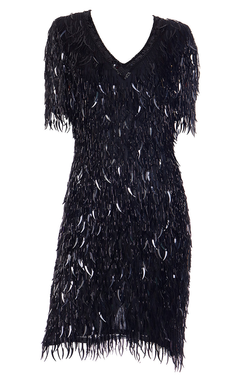 1980s Oleg Cassini Black Tie Beaded Black Dress With Dangling Trim 1980s Oleg Cassini Black Tie Beaded Black Dress With Dangling Trim