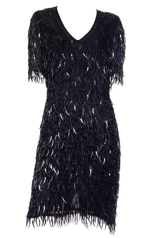 1980s Oleg Cassini Black Tie Beaded Black Dress With Dangling Trim – Modig