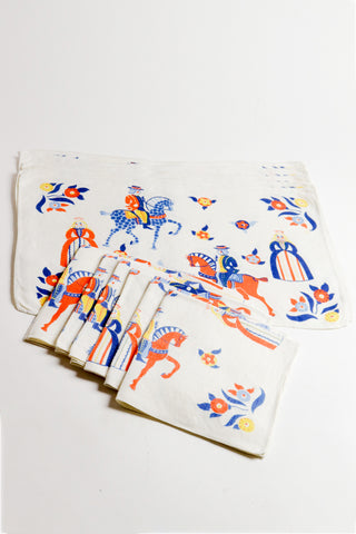 Vintage Scandinavian Folk Art Linen Placemat and Napkin Set for 6