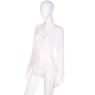 2000s Oscar de la Renta Ivory Silk Blouse w Ruffled Sleeves Size Medium USA