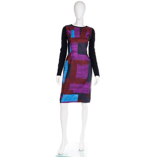 2010s Oscar de la Renta Purple & Blue Colorful Abstract Print Silk Dress S/M