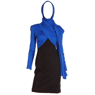 1989 Patrick Kelly Blue & Black Knit Dress With Draped Panels Made in France Documented