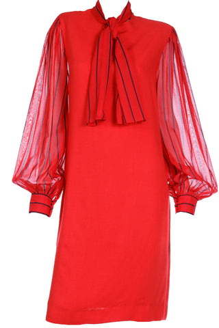 1980s Pauline Trigere Vintage Red Dress W Sheer Striped Sleeves