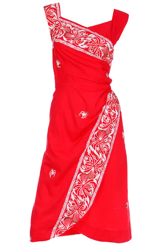 1950s Peggy Wood Honolulu Vintage Red Sarong Tropical Dress
