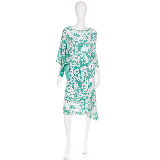 1980s Pierre Cardin Vintage Green and White Floral Draped Asymmetrical Dress
