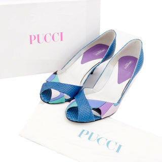 2000s Unworn Pucci Shoes Blue & Purple Snakeskin Open Toe Heels w Box