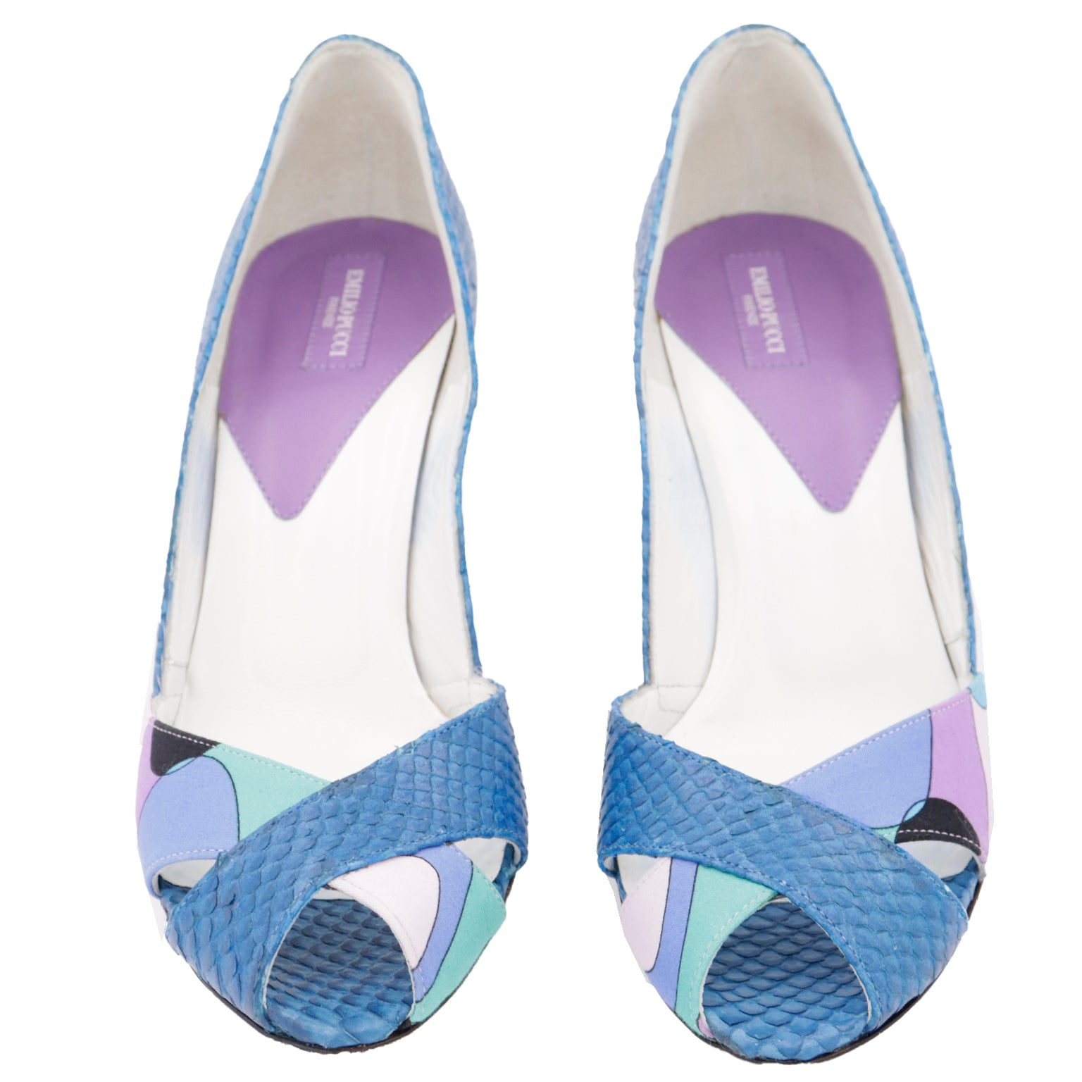 2000s Unworn Pucci Shoes Blue & Purple Snakeskin Open Toe Heels in Box