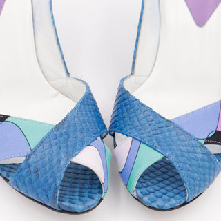 2000s Unworn Pucci Shoes Blue & Purple Snakeskin Open Toe Heels in Box with shoe bag