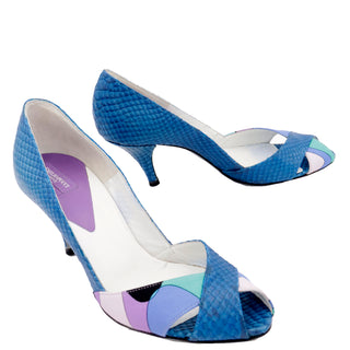 2000s Unworn Emilio Pucci Shoes Blue & Purple Snakeskin Open Toe Heels in Box