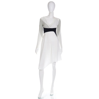 1990s Gattinoni Tempo Vintage White Grey and Black Asymmetrical Evening Dress Silk