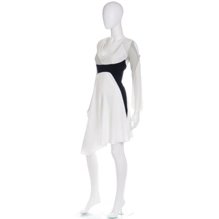 1990s Gattinoni Tempo Vintage White Grey and Black Asymmetrical Silk Evening Dress