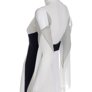 1990s Gattinoni Tempo Vintage White Grey and Black Asymmetrical Evening Dress With Cold Shoulder Sleeves