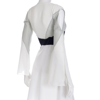 1990s Gattinoni Tempo Vintage White Grey and Black Asymmetrical Evening Dress w Elegant sleeves